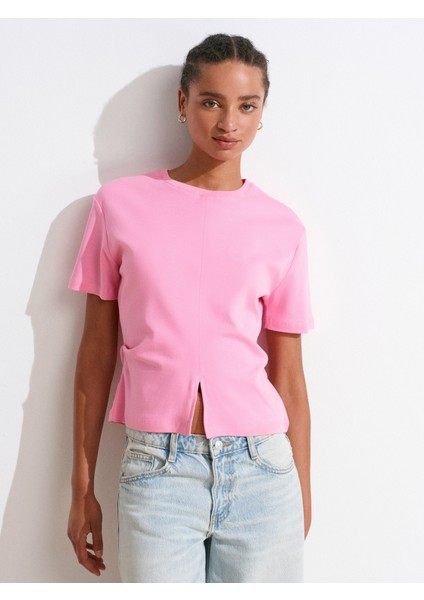 31874 Yırtmaç Detaylı T-Shirt-Pembe