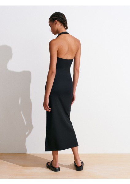 91476 Halter Yaka Midi Elbise-Siyah fiyatları