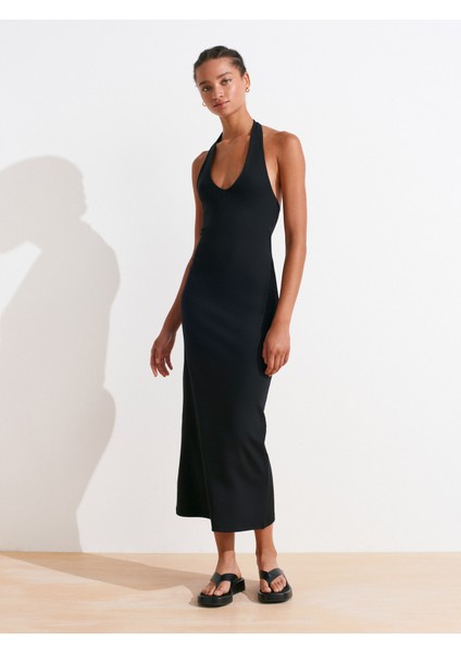 91476 Halter Yaka Midi Elbise-Siyah indirimleri