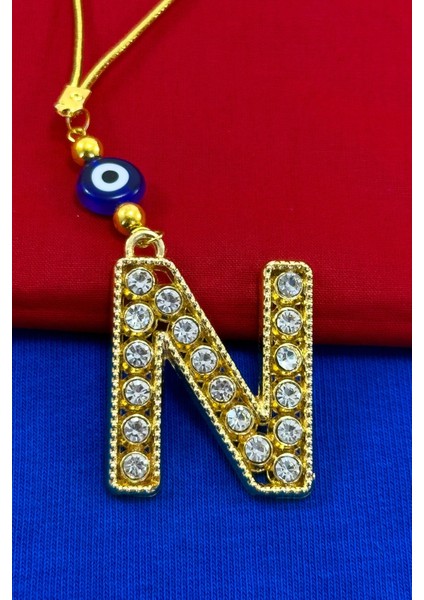 Gold Renkli Parlak Taşlı N Harfi Araba Dikiz Ayna Süsü, Hediyelik Araba Süsü