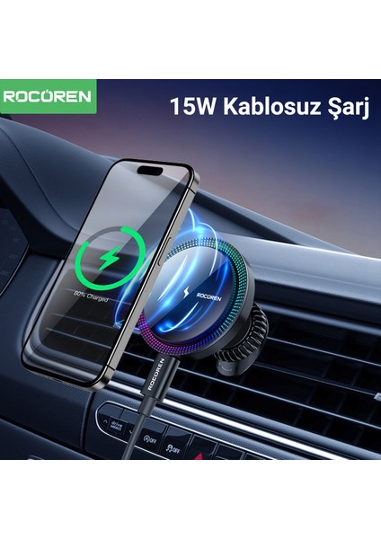 15W Kablosuz Şarj Destekli Magsafe Uyumlu Rgb Işıklı Araç Içi Telefon Tutucu fiyatları