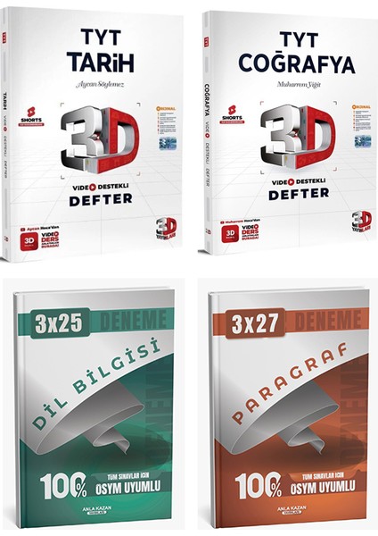 3D + Anla Kazan 2026 Tyt Tarih ve Coğrafya Video Destekli Defter Paragraf Dil Bilgisi Deneme 4 Lü modelleri