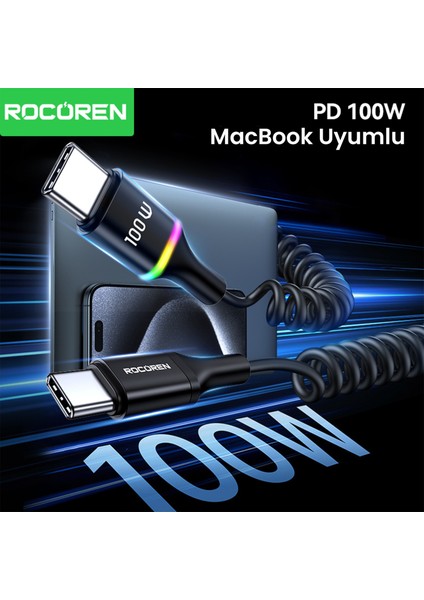100W 5A E-Marker Çipli Spiral Type-C To Type-C Hızlı Şarj ve Data Kablosu 1.6 Metre