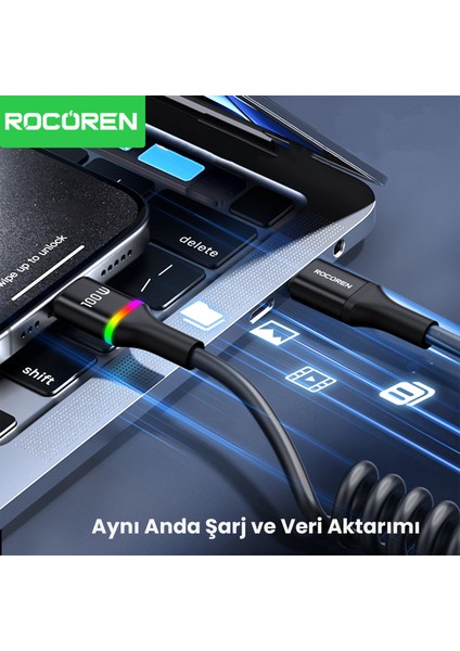 100W 5A E-Marker Çipli Spiral Type-C To Type-C Hızlı Şarj ve Data Kablosu 1.6 Metre