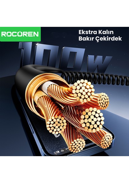 100W 5A E-Marker Çipli Spiral Type-C To Type-C Hızlı Şarj ve Data Kablosu 1.6 Metre