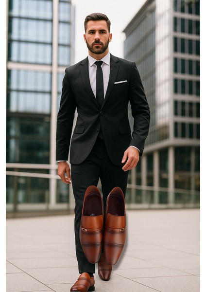 GR0108 Hakiki Antik Deri Taba Renk PVC Taban Business Klasik Erkek Ayakkabı