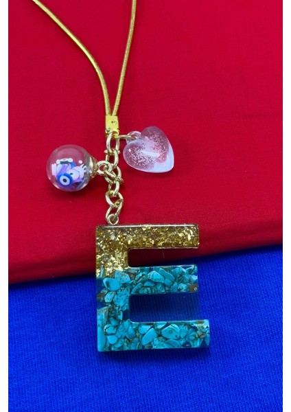 Epoksi Firuze Doğal Taşlı E Harfi Araba Dikiz Ayna Süsü, Hediyelik Araba Süsü