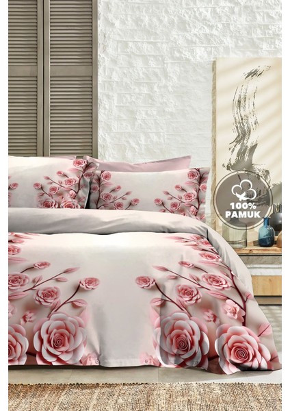 %100 Pamuk Ranforce Çeyizlik Luxury 5d Dijital Çift Kişilik Nevresim Takımı Pudra