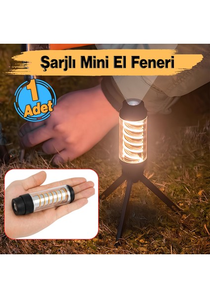 Genel Amaçlı Mini Şarjlı El Feneri 10 Saat Çalışma 360 Lümen Type-C Tripodlu Ambianslı Kamp Lambası