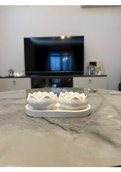 Taş Tozu Lotus Mumluk Dekoratif Set