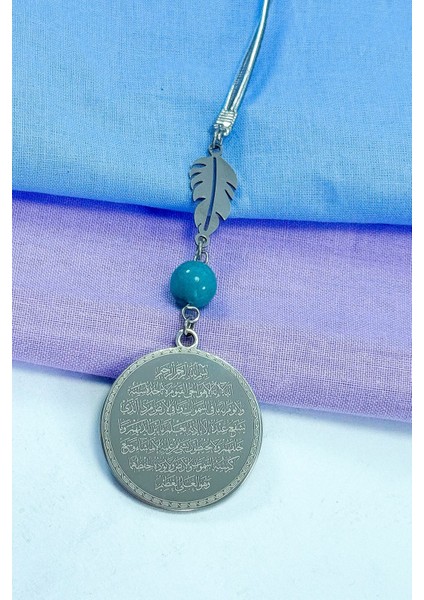 Yaprak Turkuaz Taşlı Komple Çelik Çift Taraflı Ayetel Kürsi Felak Nas Ihlas Araba Dikiz Ayna Süsü