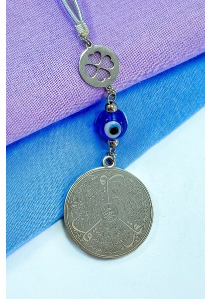 Cam Nazar Boncuklu Yonca Komple Çelik Çift Taraflı Ayetel Kürsi Felak Nas Ihlas Araba Ayna Süsü