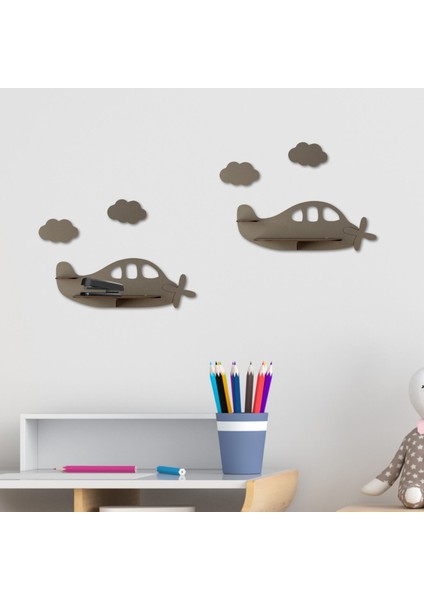 2'li Uçak Temalı Ahşap Duvar Rafı | Çocuk Odası Dekoru | 5 Renk | Mdf Raf Ünitesi Uçak Figürlü Dekor