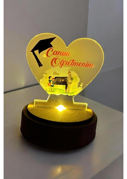 Elite Canım Öğretmenim Kalp Pleksi Işıklı Ahşap Taban 3D Hediye Öğretmenler Günü Özel Tasarım 1 Adet
