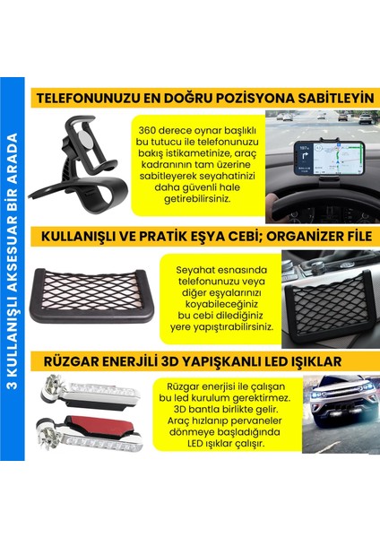 3 In 1 Araç Içi Universal Telefon Tutucu ve Organizer File Eşya Cebi Rüzgar Enerjili LED Lamba Hediyeli