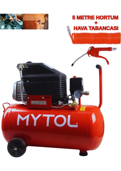 50 Litre Hava Kompresörü | 2 Hp Motor + Hava Tabancası ve 5 Metre Hortum