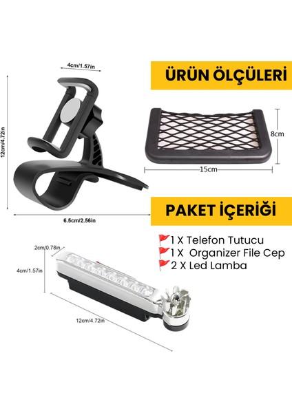 3 In 1 Araç Içi Universal Telefon Tutucu ve Organizer File Eşya Cebi Rüzgar Enerjili LED Lamba Hediyeli