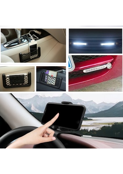 3 In 1 Araç Içi Universal Telefon Tutucu ve Organizer File Eşya Cebi Rüzgar Enerjili LED Lamba Hediyeli