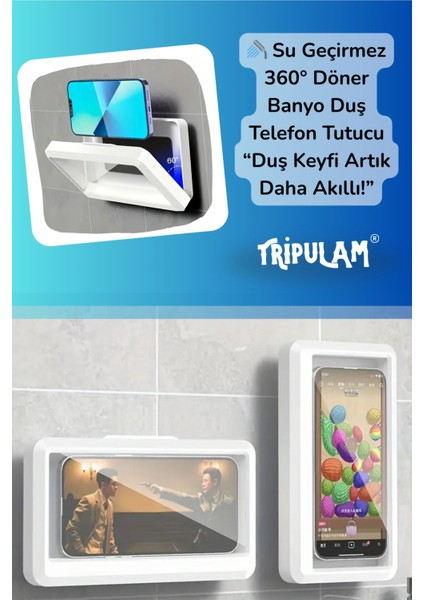 Beyaz Su Geçirmez 360° Döner Banyo Telefon Tutucu Standı, Dokunmatik Uygulama Destekli