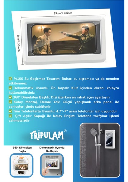 Beyaz Su Geçirmez 360° Döner Banyo Telefon Tutucu Standı, Dokunmatik Uygulama Destekli