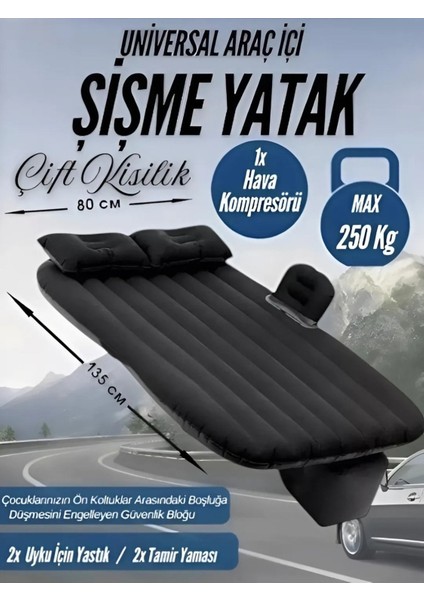 Siyah Araç Içi Şişme Yatak Seti, Seyahat ve Kamp Için Rahat Uyku ve Yastık Pompa ile