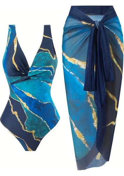 Okyanus Altın Baskılı Iki Parçalı Bodysuit Mayo ve Sarma Etek Seti, Twist Stili XXL