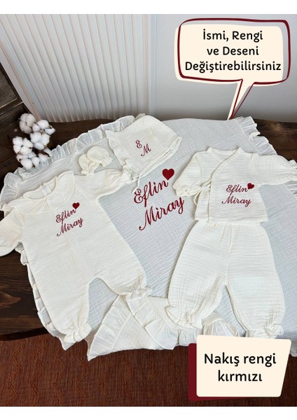 Insta Bebe Müslin Hastane Çıkış Seti Isimli Nakışlı %100 Pamuk (Battaniye Tulum Şapka Eldiven Zıbın Pijama)