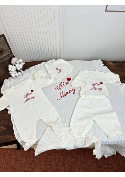 Insta Bebe Müslin Hastane Çıkış Seti Isimli Nakışlı %100 Pamuk (Battaniye Tulum Şapka Eldiven Zıbın Pijama)