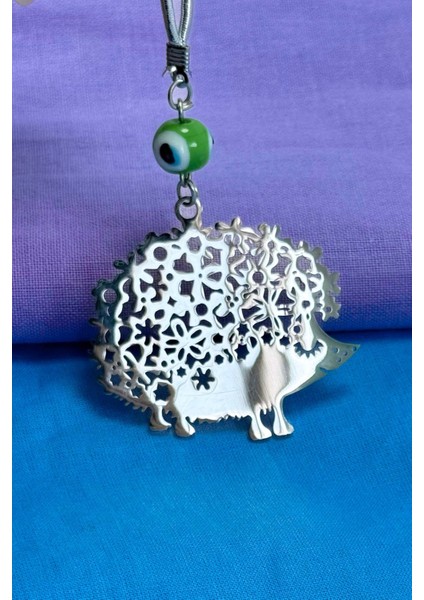 El Yapımı Yeşil Cam Nazar Boncuklu Çelik Sevimli Kirpi Figürü Araba Dikiz Ayna Süsü