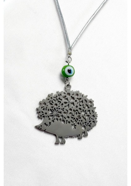 El Yapımı Yeşil Cam Nazar Boncuklu Çelik Sevimli Kirpi Figürü Araba Dikiz Ayna Süsü