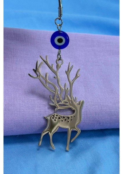 El Yapımı Yassı Cam Nazar Boncuklu Çelik Geyik Figürlü Araba Dikiz Ayna Süsü