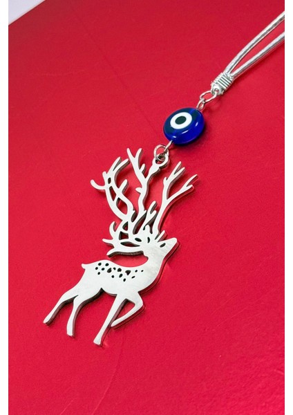 El Yapımı Yassı Cam Nazar Boncuklu Çelik Geyik Figürlü Araba Dikiz Ayna Süsü