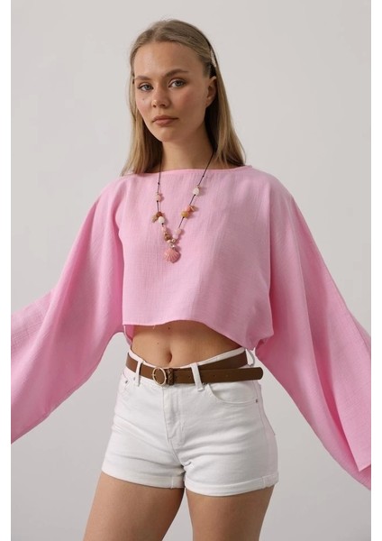 Yarasa Kollu Crop Bluz - Pembe fiyatları