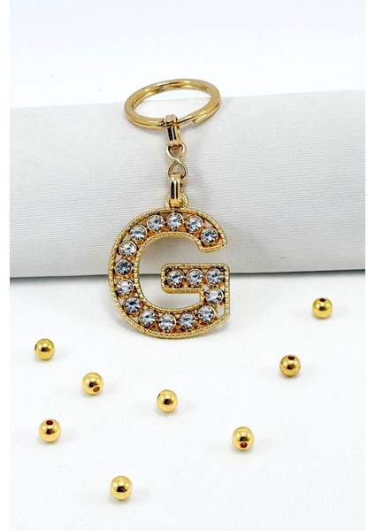 Gold Renkli Parlak Taşlı G Harfi Anahtarlık, Hediyelik Harfli Anahtarlık