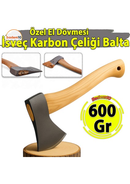 600 Gram 38 cm El Yapımı Ithal Isveç Karbon Çelik Yarma Odun Kesme Ahşap Saplı Balta Ergonomik Kamp