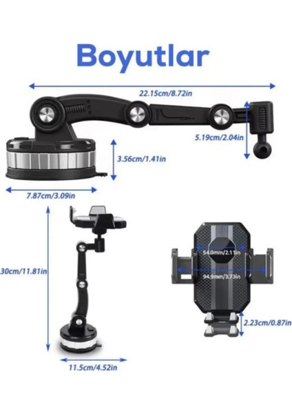 360° Döner Vakumlu Telefon Tutucu Siyah, Torpido Üstü, Alüminyum, BMR-3863