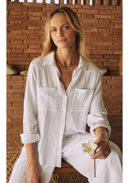 Pamuk Müslin Kadın Gömlek – %100 Organik 2 Kat Müslin Kumaş – Nefes Alabilen, Hafif ve Yumuşak Yapı – Plajda, Günlük Hayatta ve Tatilde Rahat Kullanım Için Uygun