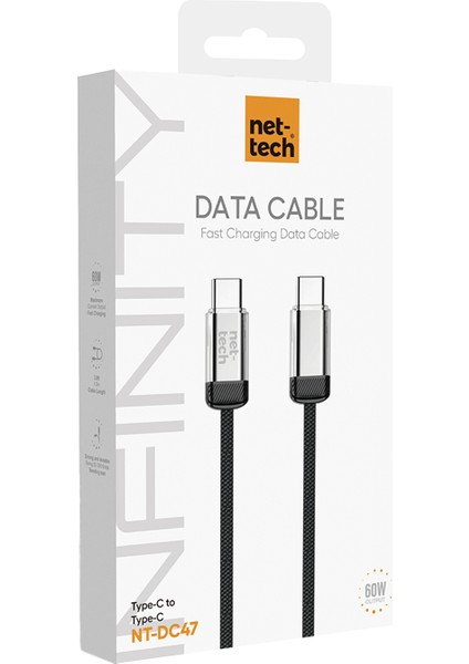 NT-DC47 60W Plastik 100 cm Type-C To Type-C Şarj ve Data Kablosu (Siyah)