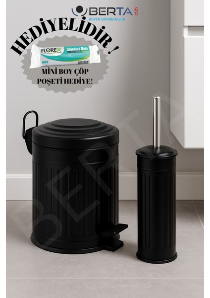 Vintage Banyo Seti Siyah Çöp Kovası 5lt Tuvalet Fırçası Lüks Model