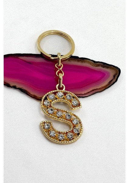 Gold Renkli Parlak Taşlı S Harfi Anahtarlık, Hediyelik Harfli Anahtarlık