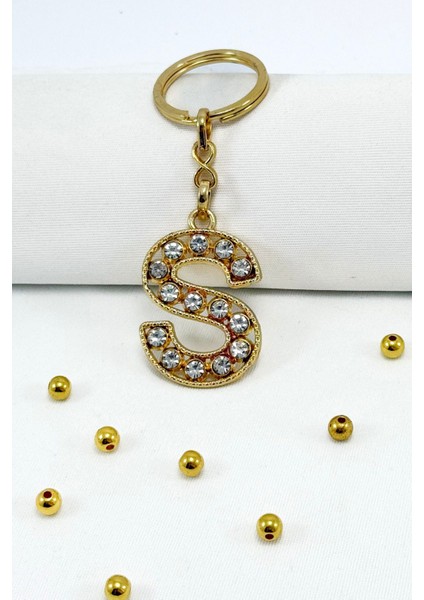 Gold Renkli Parlak Taşlı S Harfi Anahtarlık, Hediyelik Harfli Anahtarlık