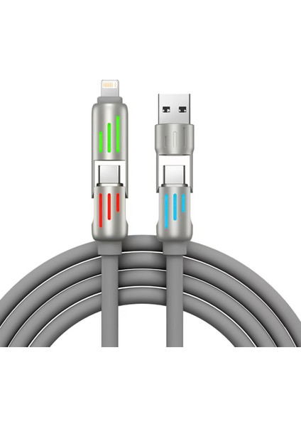 240W 4'ü 1 Arada Type-C / Usb-A / Lightning Gri Silikon Şarj ve Data Kablosu 1.2 Metre