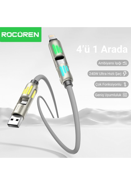 240W 4'ü 1 Arada Type-C / Usb-A / Lightning Gri Silikon Şarj ve Data Kablosu 1.2 Metre