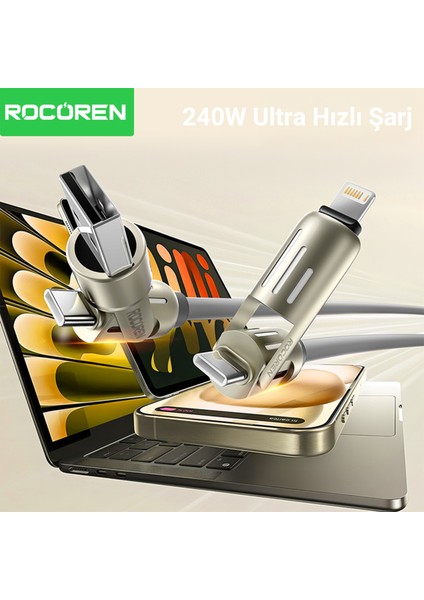 240W 4'ü 1 Arada Type-C / Usb-A / Lightning Gri Silikon Şarj ve Data Kablosu 1.2 Metre