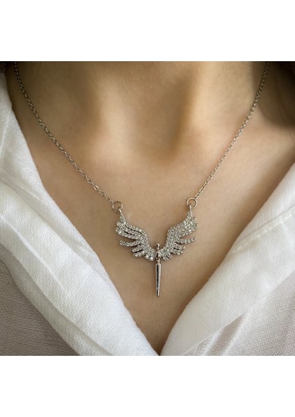 316 L Silver Zirkon Taşlı Melek Kolye