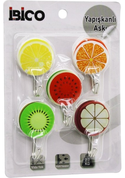 5pcs Meyve Resimli Metal Uçlu Plastik Askı Yapışkanlı Montaj 2kg Taşıma (4172)