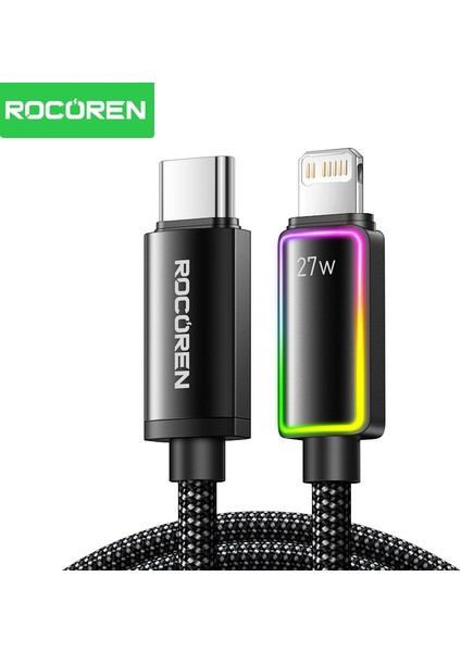 27W Type-C To Lightning Rgb Aydınlatmalı Örgülü Şarj ve Data Kablosu 1 Metre