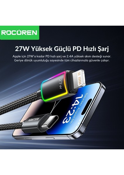 27W Type-C To Lightning Rgb Aydınlatmalı Örgülü Şarj ve Data Kablosu 1 Metre