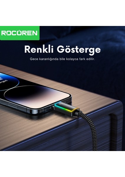 27W Type-C To Lightning Rgb Aydınlatmalı Örgülü Şarj ve Data Kablosu 1 Metre