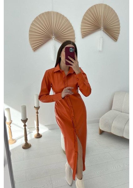 Oranj Boydan Düğmeli Deri Elbise fırsatları